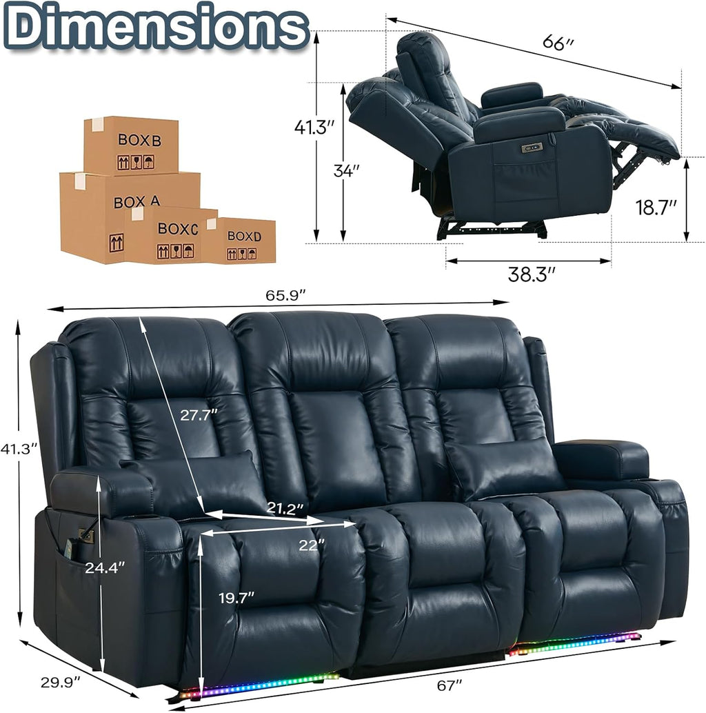 TUNYI Power Loveseat Recliner Sofa with Massage & Heat Home Theater Seating with Console RV Recliner Loveseat Sofa with USB/Storage/Side Pocket/LED Light/Speaker (Blue, 3 Seat)