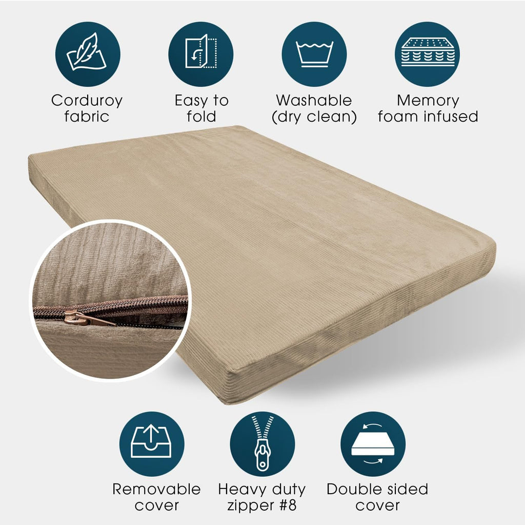 Foamma Memory Foam Futon Mattress, Double-Sided Foldout Couch Futon Mattress, 6' x 54' x 80' Full XL (Beige), Corduroy Fabric - Heavy Duty Sofa Bed, Thick Corded Cushion (Frame NOT Included)