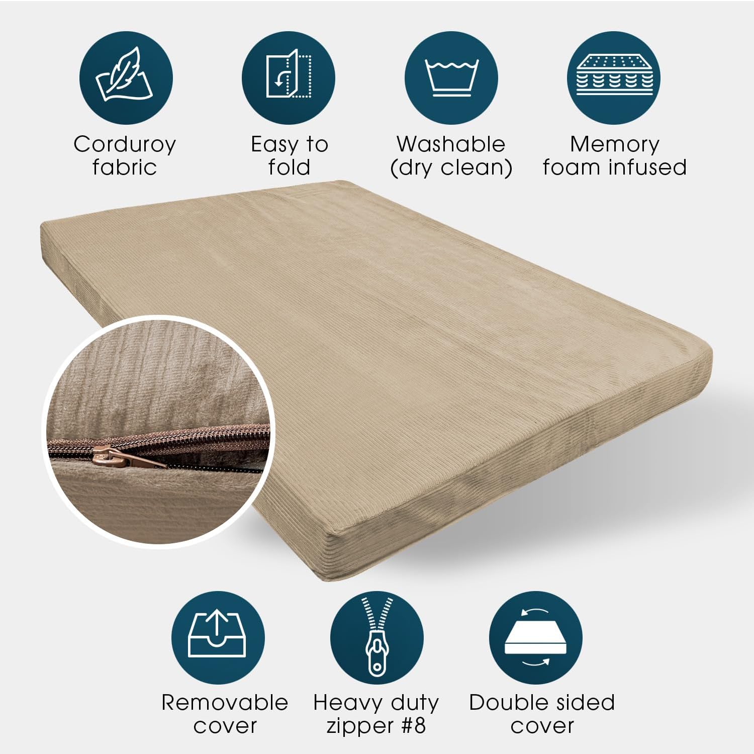 Foamma Memory Foam Futon Mattress, Double-Sided Foldout Couch Futon Mattress, 6' x 54' x 80' Full XL (Beige), Corduroy Fabric - Heavy Duty Sofa Bed, Thick Corded Cushion (Frame NOT Included)