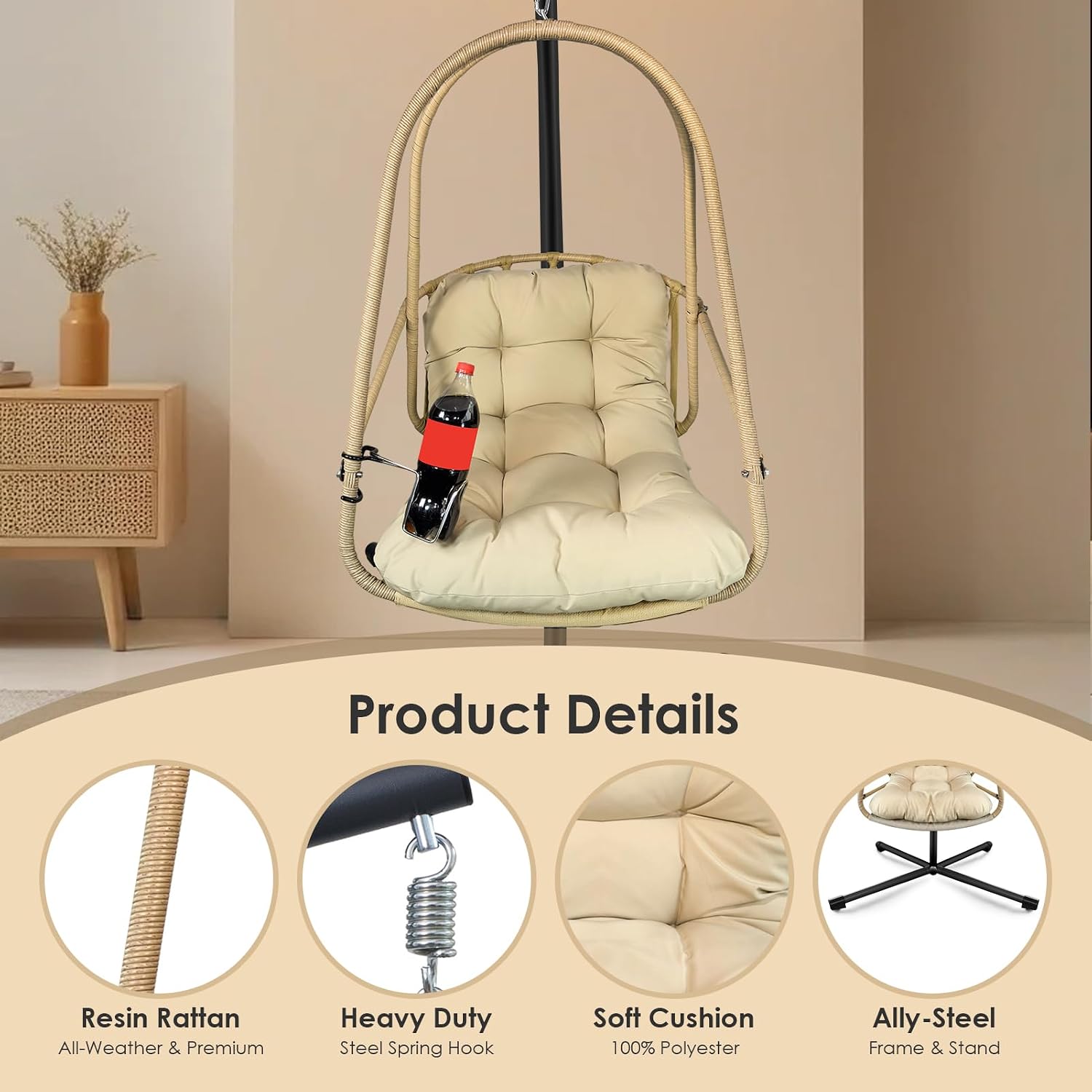 JESE Swing Egg Chair with Stand Foldable Frame Hanging Chairs for Indoor Outside,with UV Resistant Waterproof Cushion and Cup Holder,Swing Hammock Chairs for Patio,Bedroom,Balcony, Garden-350lbs Khaki