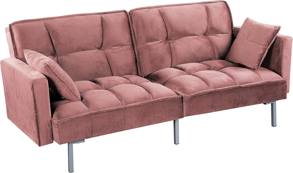 Container Furniture Direct Regal 75.6' Velvet Convertible Sofa Bed - Mid-Century Sleeper Couch w/Tufted Design & Metal Legs - Pull-Out Futon for Guests/Home (75.6' W x 34.6' D x 32' H), Rose