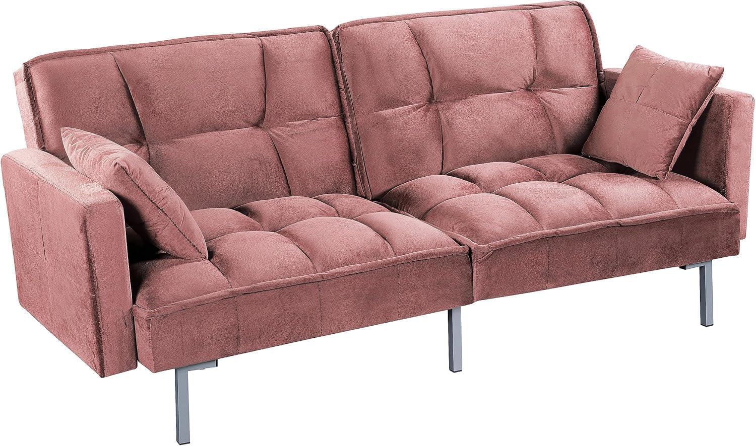 Container Furniture Direct Regal 75.6' Velvet Convertible Sofa Bed - Mid-Century Sleeper Couch w/Tufted Design & Metal Legs - Pull-Out Futon for Guests/Home (75.6' W x 34.6' D x 32' H), Rose