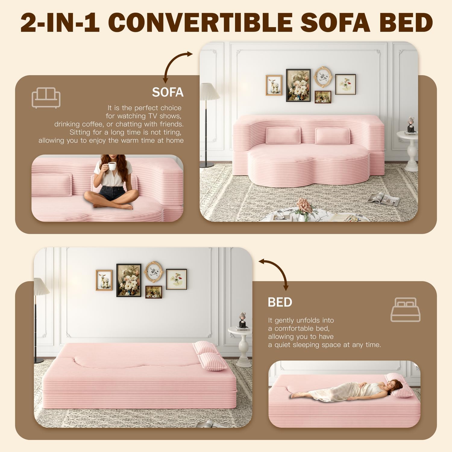 CAPCAEK 2 in 1 Convertible Folding Sofa Bed Twin Size, Modern Corduroy Fabric Boneless Couch Bed with Pillow, Futon Loveseat Sleeper Sofa for Living Room, Office, Guest Use, Apartment