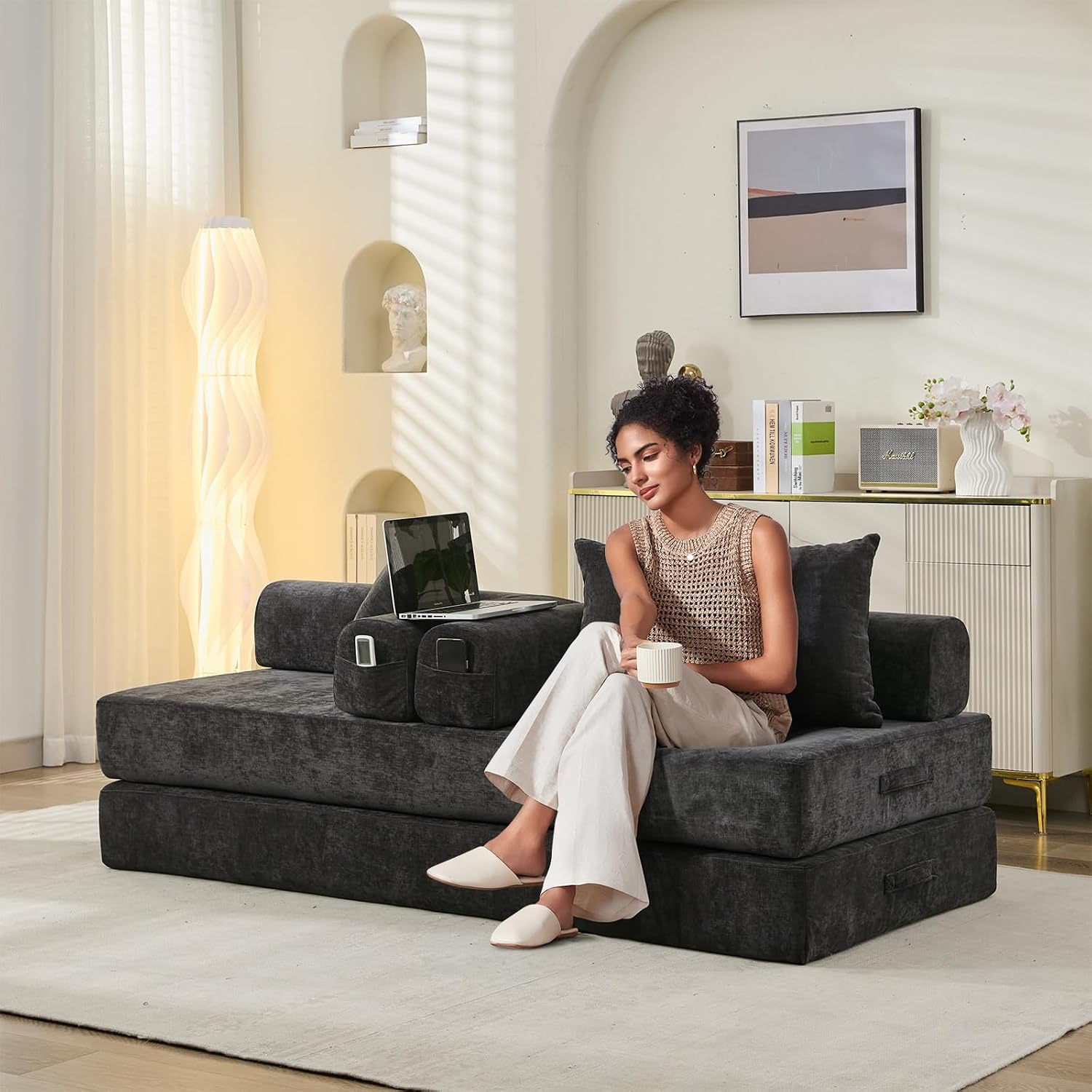 Futon Sofa Bed, Modular Convertible Folding 3 Seater Chenille Foam Floor Loveseat Sleeper Sofa Couch with 3 Pillows, No Assembly Compressed Boneless Couch, for Living Room Bedroom Guest Room, Black