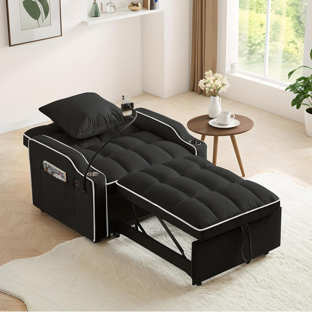 Convertible Sleeper Sofa Chair Bed, 3 in 1 Velvet Single Small Futon Sofa Bed with Phone Holder & USB Ports,Pull Out Couch Recliner with Adjustable Backrest for Living Room, Office, Small Place(Black)