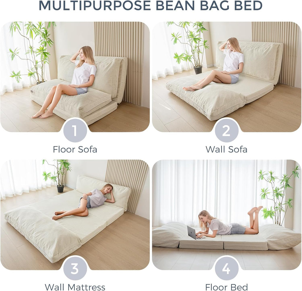 MAXYOYO Folding Sofa Bed, Floor Sofa Convertible Sleeper Chair with Washable Cover, Floor Couch Lounge Bean Bag Chair Bed for Living Room, Beige, 30x95 Inch