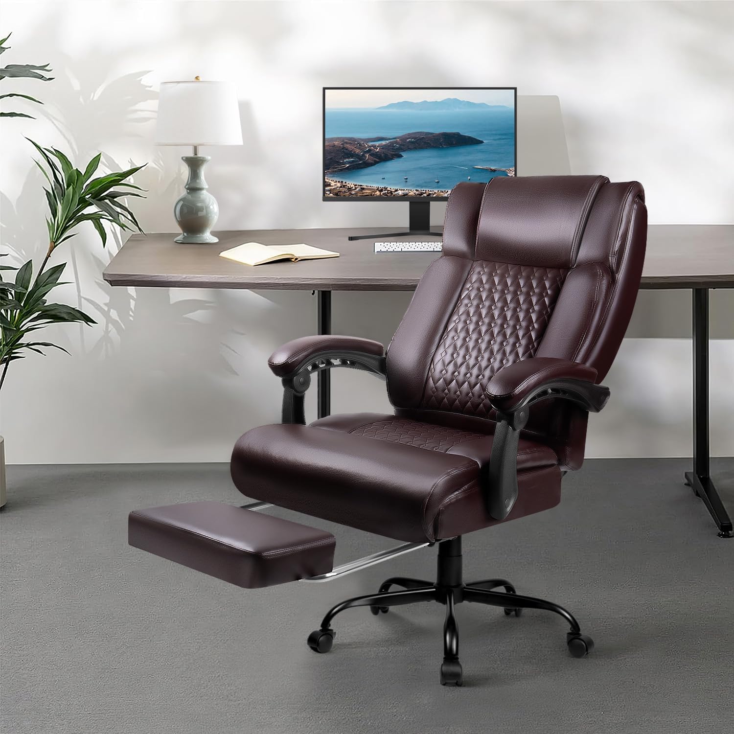 OFIKA Office Chair,Executive Heavy Duty Office Chair with Foot Rest Ergonomic High Back Computer Gaming Chairs Home Office 400lbs,Big and Tall with Lumbar Support (BRW)