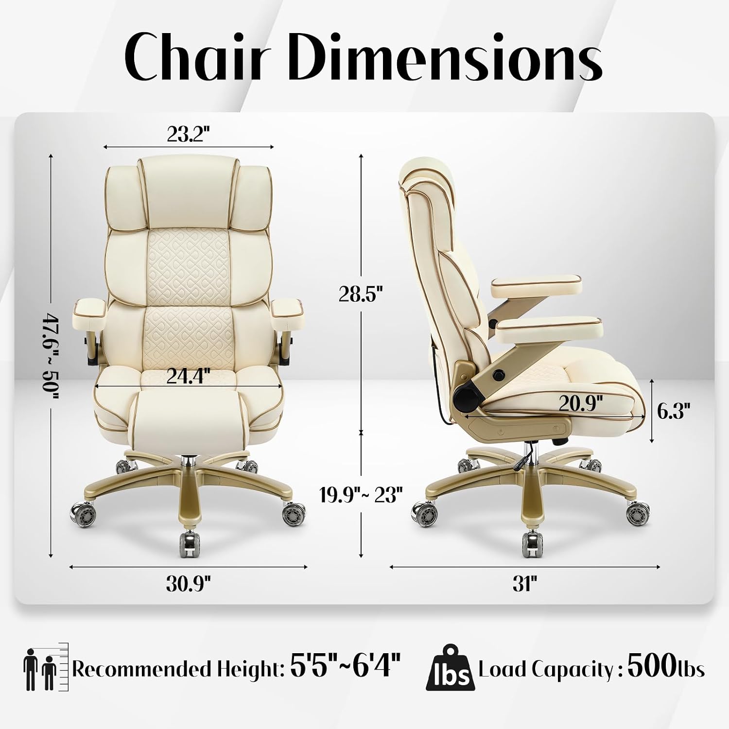 Big and Tall Office Chair 500lbs,5D Armrests Heavy Duty Executive Leather Chair with Comfortable Seat, Adjustable Lumbar, High Back, Large Computer Desk Chair for Home Office, Beige