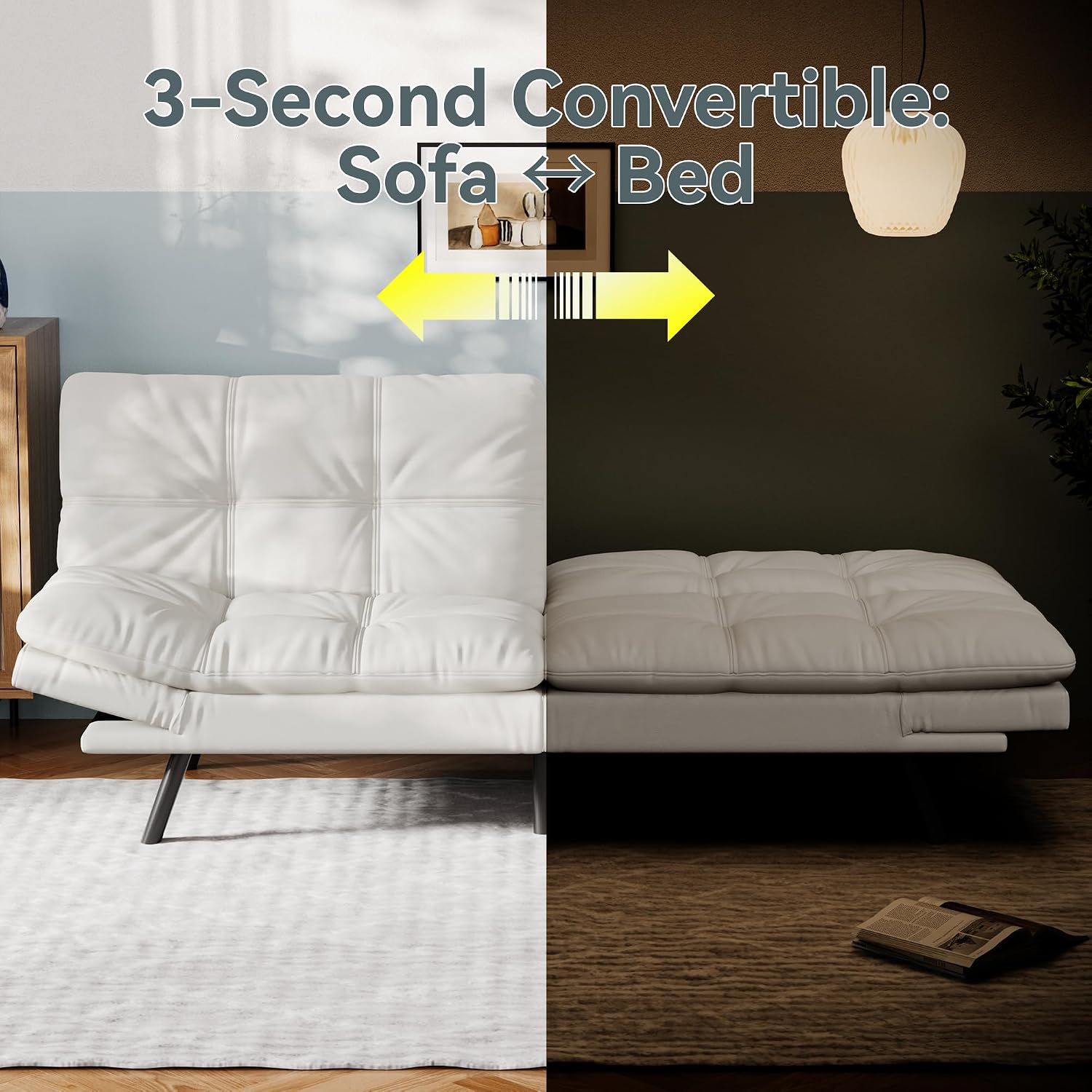 Vyfipt Convertible Futon Sofa Bed, White Faux Leather Futon Couch with Adjustable Backrest & Armrests, Folding Small Recliner Sleeper Sofa Bed for Living Room, Apartment, Office