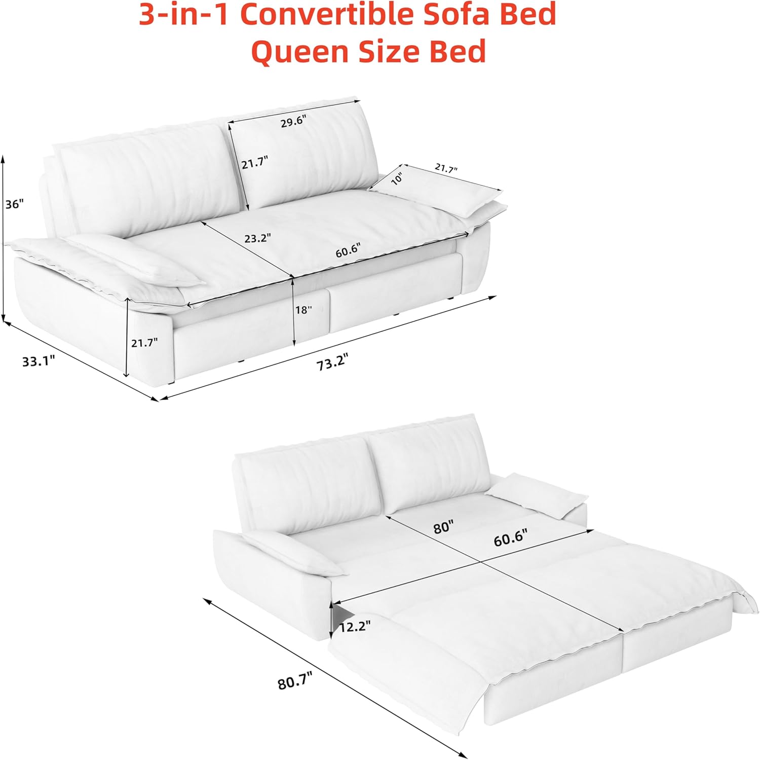 73.2' Sofa Bed Queen, 3-in-1 Pull Out Sofa Bed with Pillow Armrest, Modern Velvet Convertible Sleeper Futon Sofa for Living Room Small Space, Apartment, Bedroom, Grey