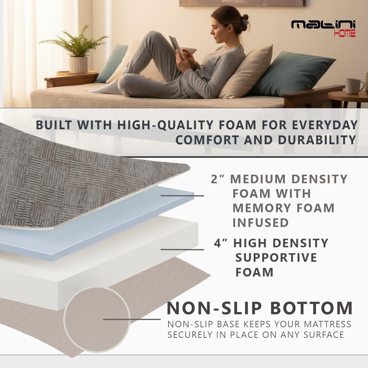 Matini Home Memory Foam Futon Mattress, Foldout Couch Futon Mattress - 54x74 Full Size (Elephant) Comfortable and Heavy Duty Sofa Bed, Thick Corded Cushion for All (Frame NOT Included)