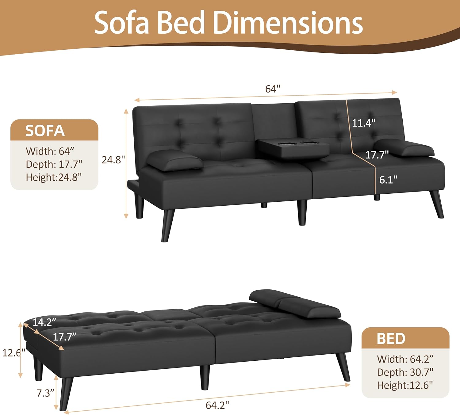 JAMFLY Futon Sofa Bed, Modern Convertible Folding Loveseat - Multi-Functional Recliner with 3-Angle Adjustment, Detachable Armrests with Cup Holders - Ideal for Small Spaces, Black Leather