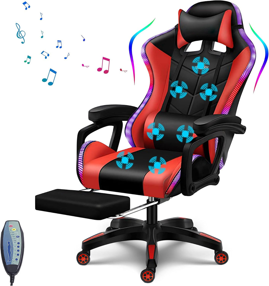 Gaming Chair for Teens or Adults Ergonomic Pro Video Game Chairs with RGB Lights and Speakers Reclining Computer Chair with Footrest High Back Massage Gamer Chair Big and Tall Office Desk Chair