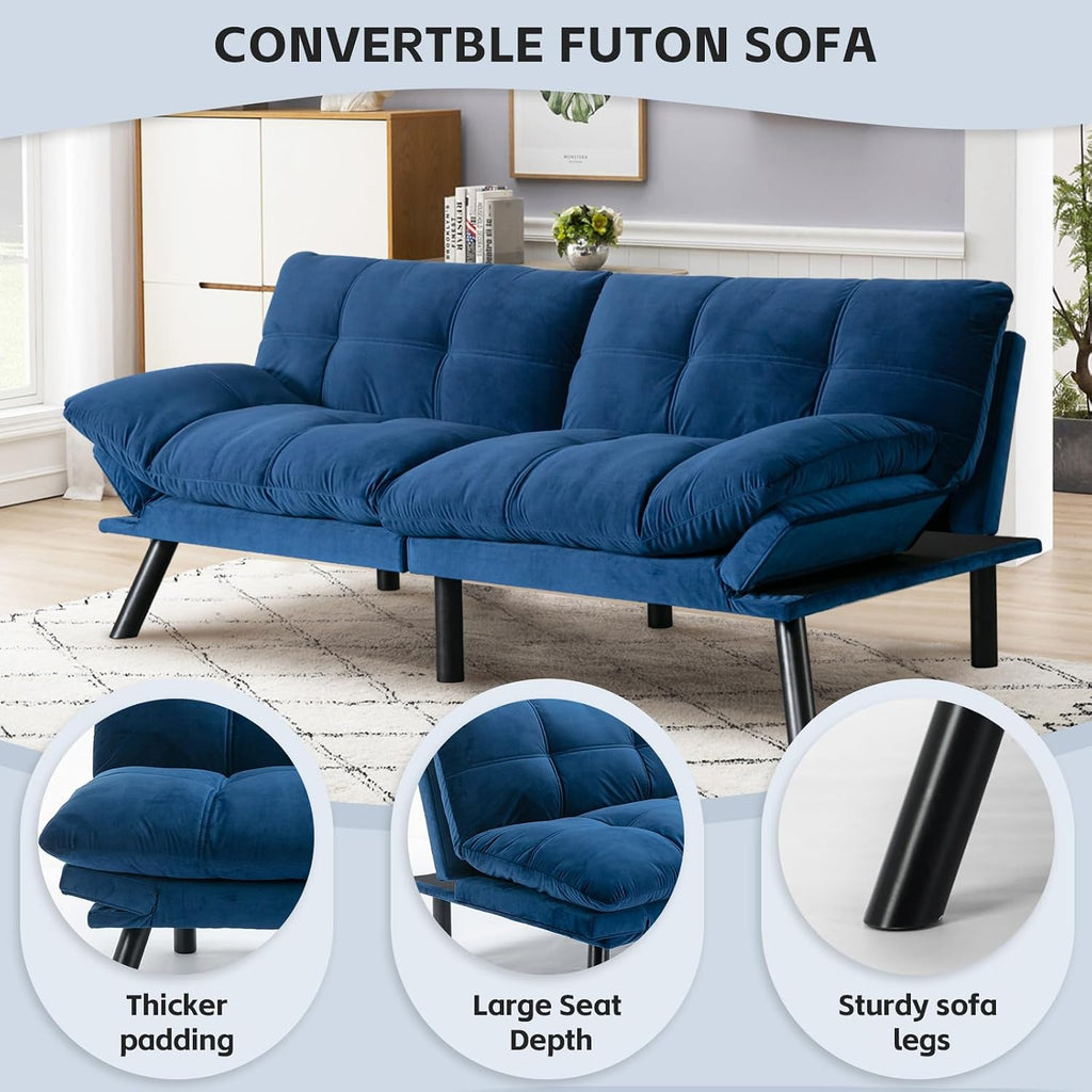 SoarFlash 67 Inch Futon Double Sofa Bed, 2 in 1 Velvet Loveseat Sofa with Adjustable Backrest for Living Room Bedroom Office Apartment Compact Couch(Blue)