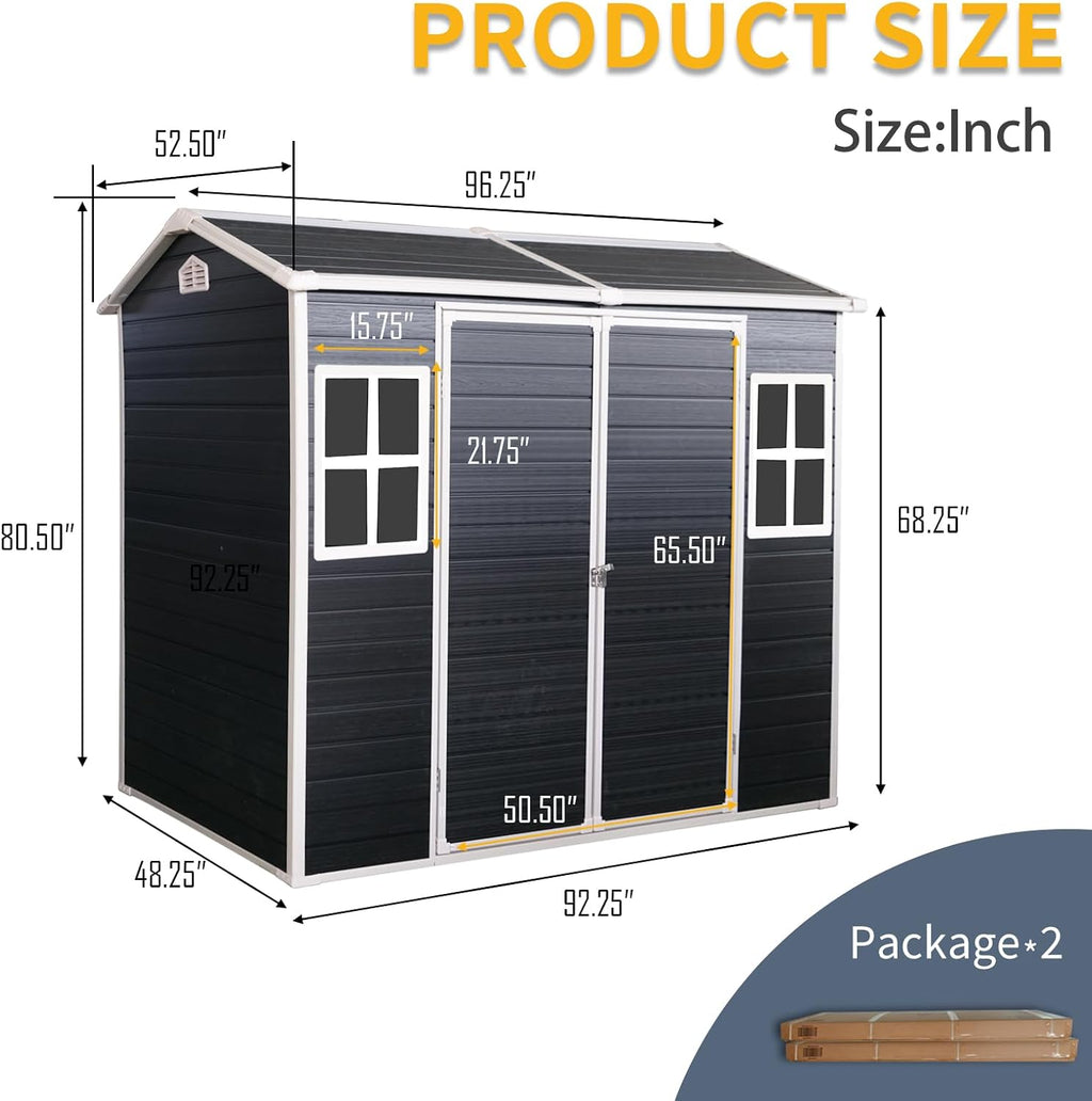 Extrastar 8x4FT Outdoor Storage Shed: Heavy-Duty Resin Shed with Double Doors, Built-in Floor, Windows & Air Weatherproof for Garden, Yard, Patio (Black, 8x4FT)