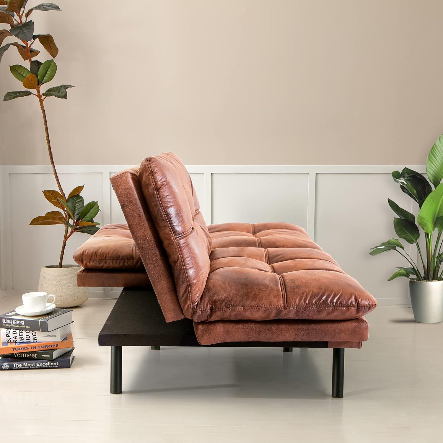 Opoiar Futon Sofa Bed,Lounge Memory Foam Sleeper Couch for Living Room,Convertible Loveseat for Compact Living Spaces,Studio Apartment,Dorm,Home Office,71'-Brown-Faux Leather-Thicker versio