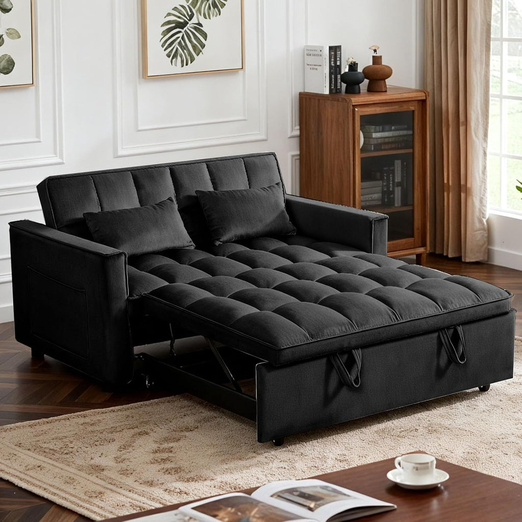 3 in 1 Sofa Bed, Loveseat Sleeper Sofa Bed with Side Pockets, Velvet Fabric Pull Out Couch with Adjustable Backrest for Living Room, Bedroom, Apartment, Black
