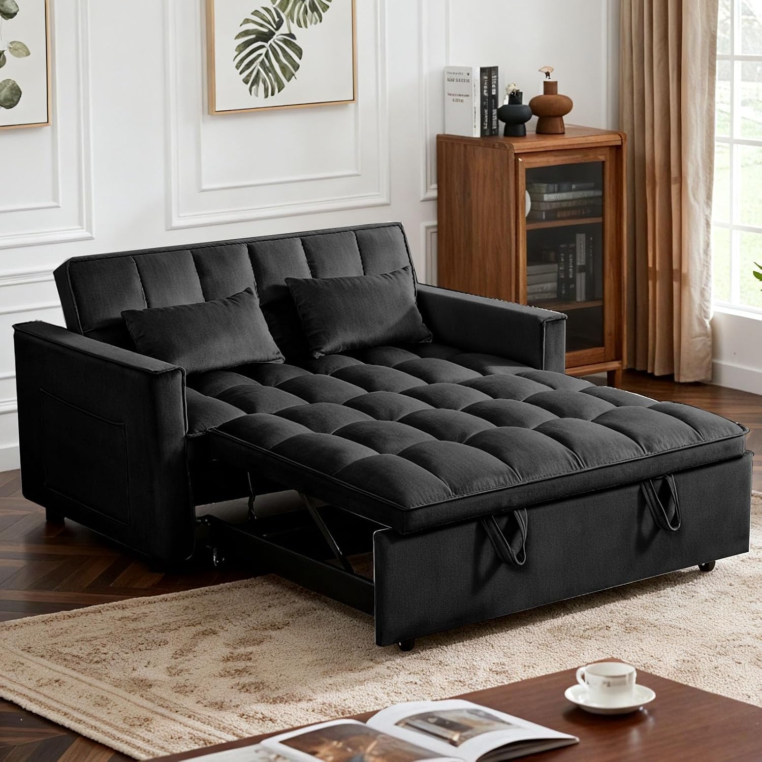 3 in 1 Sofa Bed, Loveseat Sleeper Sofa Bed with Side Pockets, Velvet Fabric Pull Out Couch with Adjustable Backrest for Living Room, Bedroom, Apartment, Black