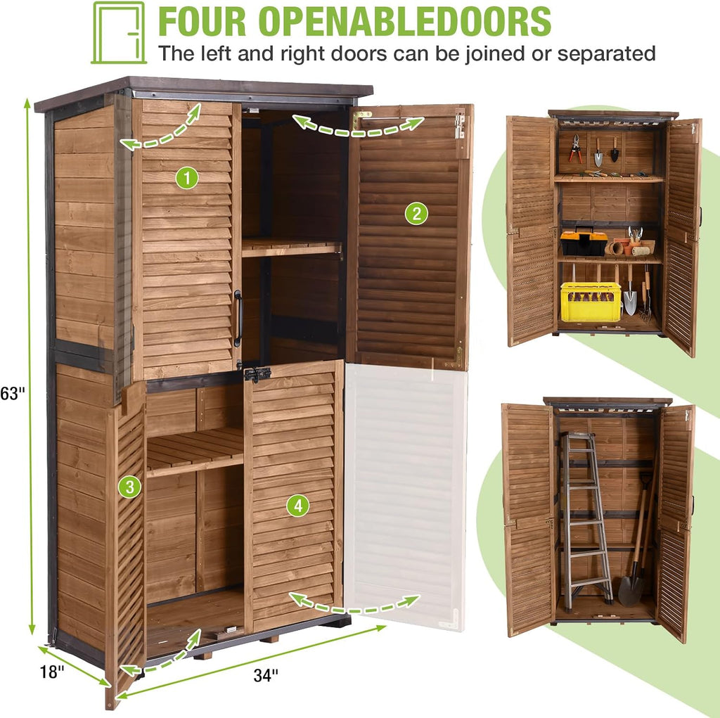 GUTINNEEN Outdoor Storage Cabinet Waterproof Metal Frame Wooden Storage Sheds Outdoor with Floor 4 Lockable Doors, 2 Adjustable Shelves, Garden Tool Shed for Patio Porch Backyard Lawn 63'