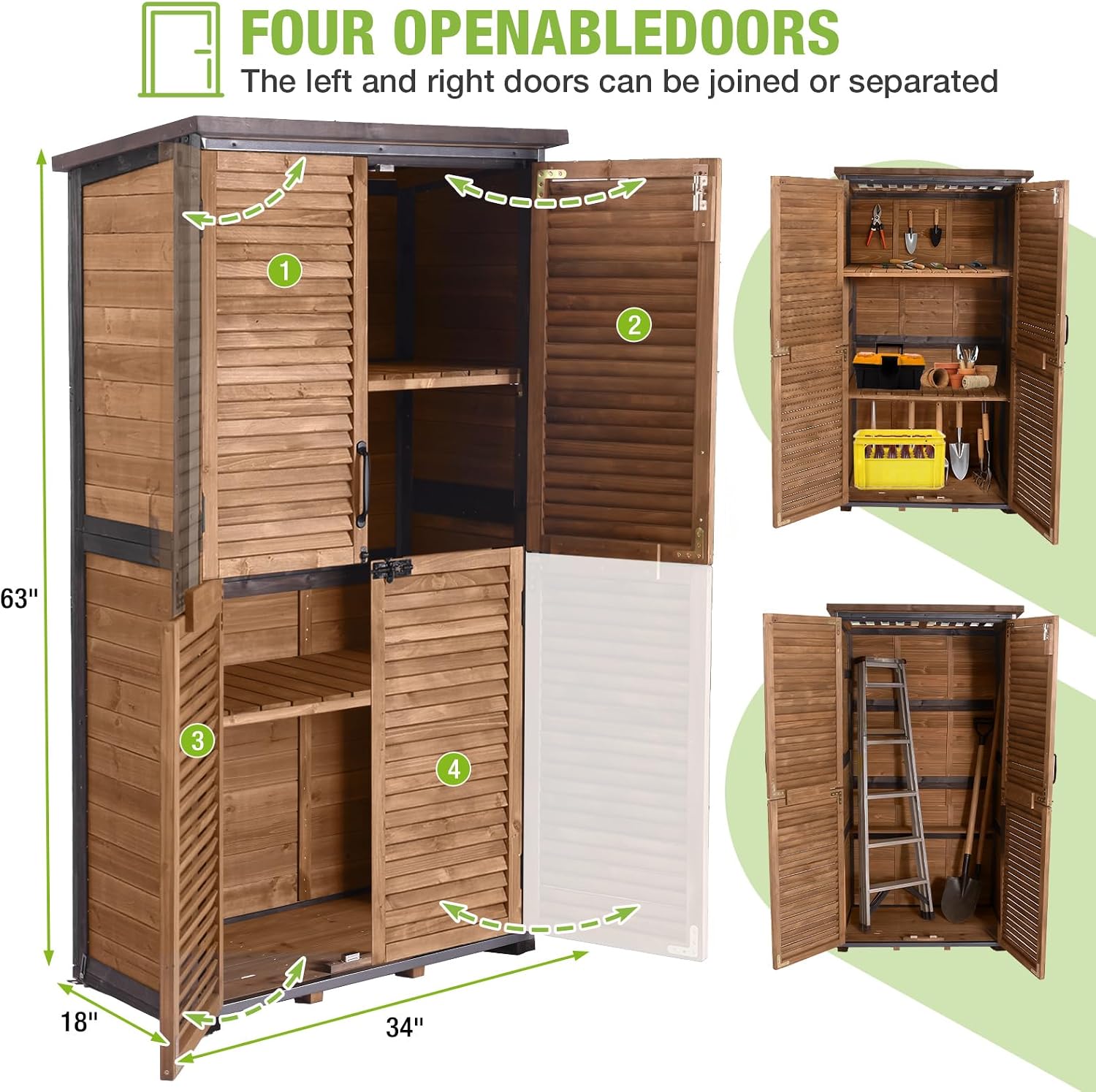 GUTINNEEN Outdoor Storage Cabinet Waterproof Metal Frame Wooden Storage Sheds Outdoor with Floor 4 Lockable Doors, 2 Adjustable Shelves, Garden Tool Shed for Patio Porch Backyard Lawn 63'