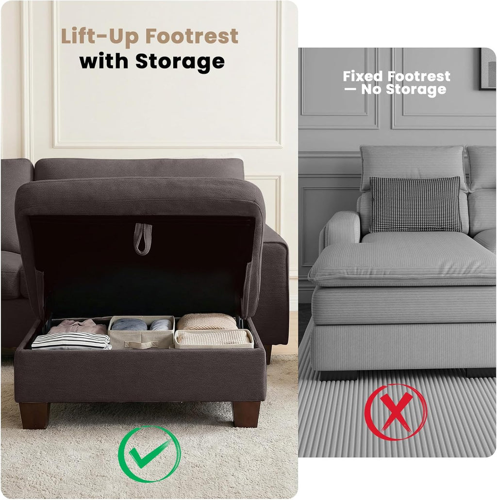 DOPEDIO L-Shaped Sectional Sofa with Storage Ottoman, Modern Chenille Recliner Loveseat, Removable Couch Covers, Pocket Spring Cushions, Solid Wood Frame, Easy to Install (71.25inch, Dark Grey)
