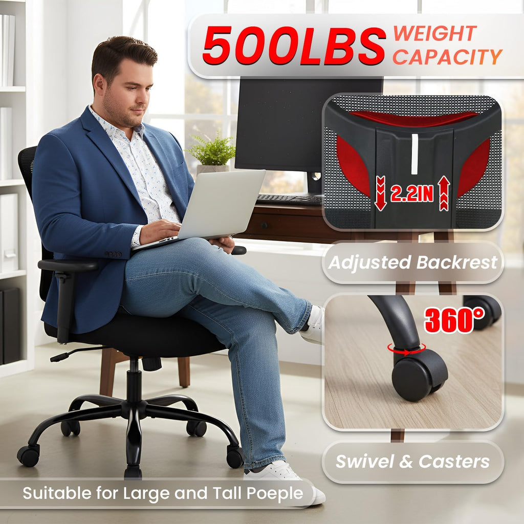 BestOffice Big and Tall 500 lb Mesh Office Chair Ergonomic High Back Desk Chair with Lumbar Support and Extra-Wide Seat for Home Office, Black