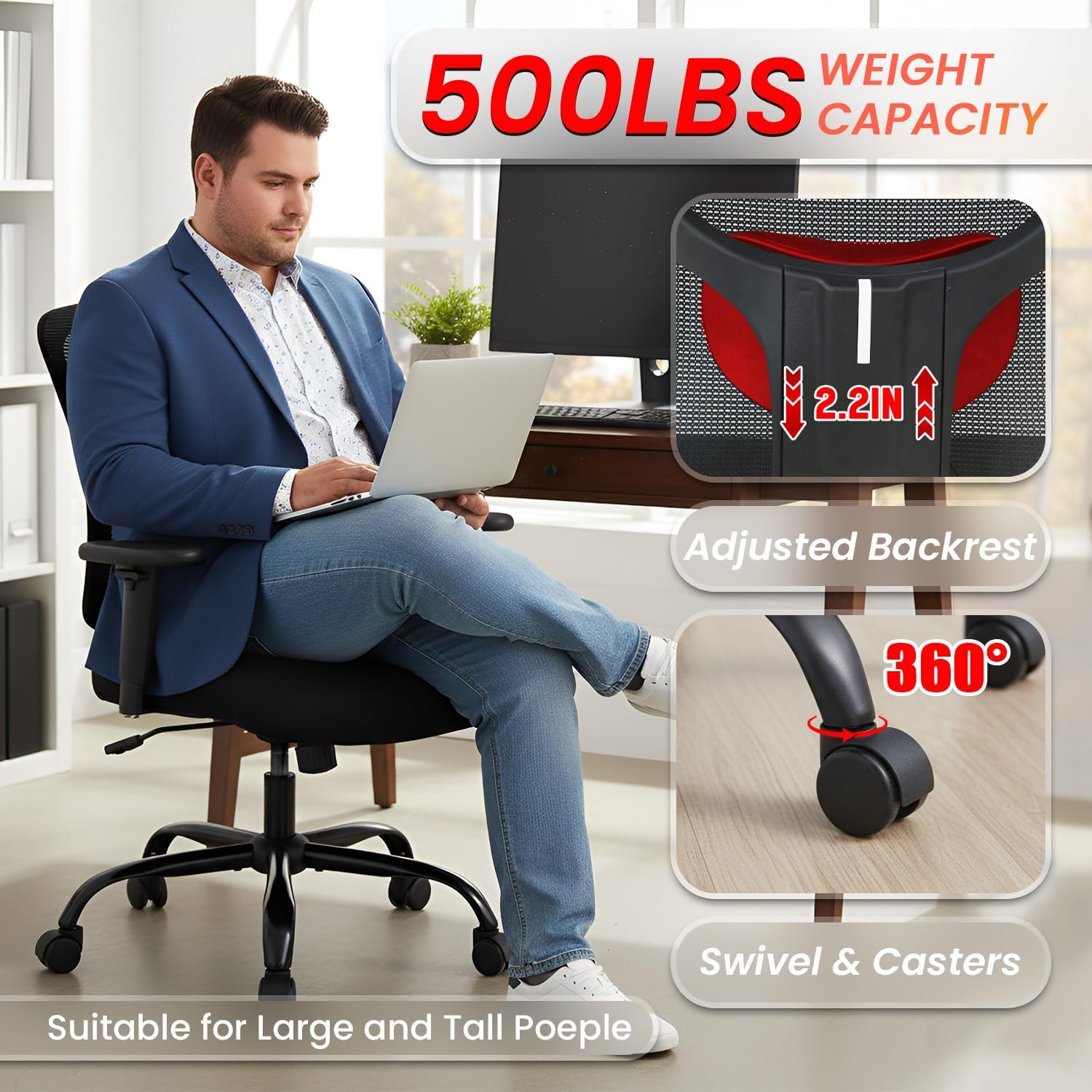 BestOffice Big and Tall 500 lb Mesh Office Chair Ergonomic High Back Desk Chair with Lumbar Support and Extra-Wide Seat for Home Office, Black