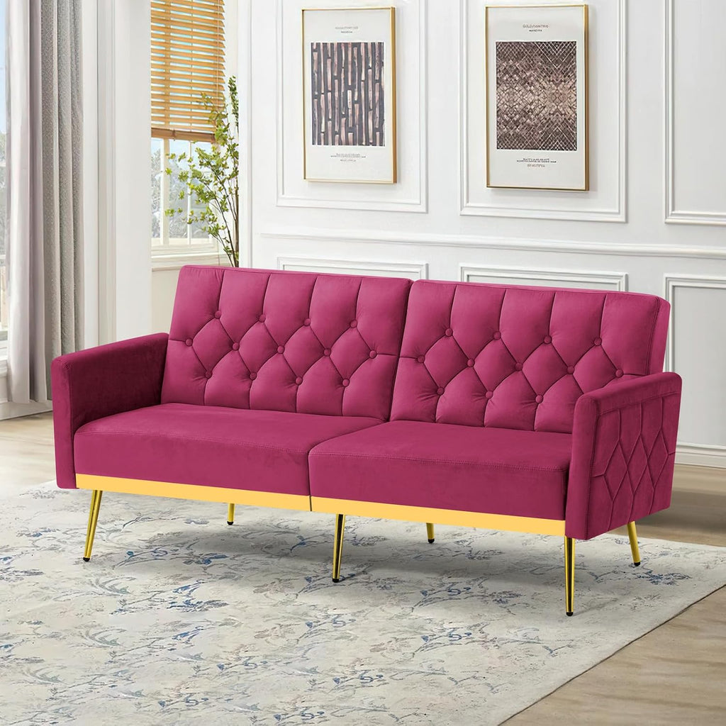 Velvet Sofa Bed w/Adjustable Armrests and Backrests, Modern Convertible Sleeper Sofa, Tufted Futon Sofa for Bedroom, Living Room, Apartment, Fuchsia
