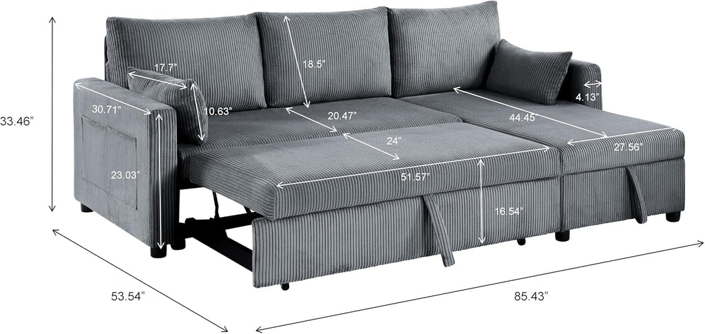 Queen Sleeper Sofa, Convertible Sofa Bed with Storage, 85 Inch Sectional Couch with Pull Out Bed, L Shaped 3 Seat Sectional Sleeper Sofa for Living Room, Apartment, Grey