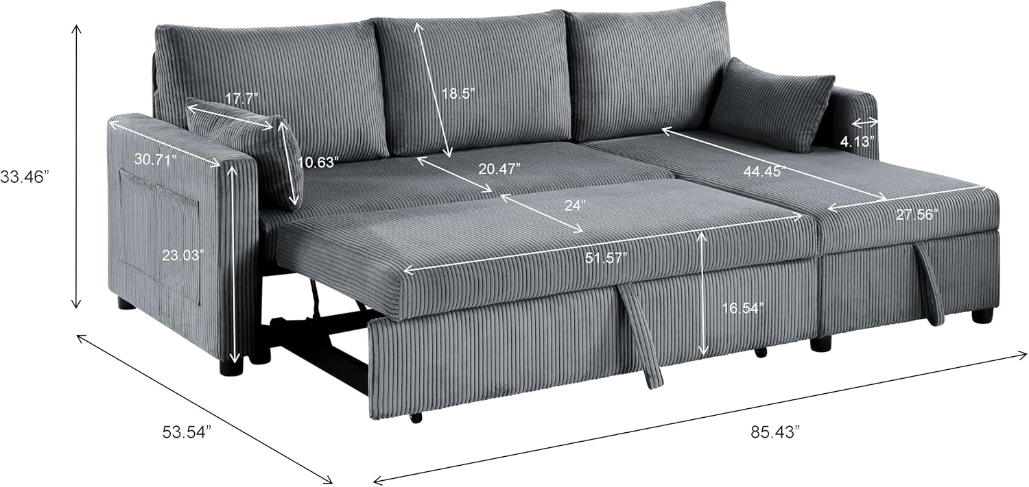 Queen Sleeper Sofa, Convertible Sofa Bed with Storage, 85 Inch Sectional Couch with Pull Out Bed, L Shaped 3 Seat Sectional Sleeper Sofa for Living Room, Apartment, Grey