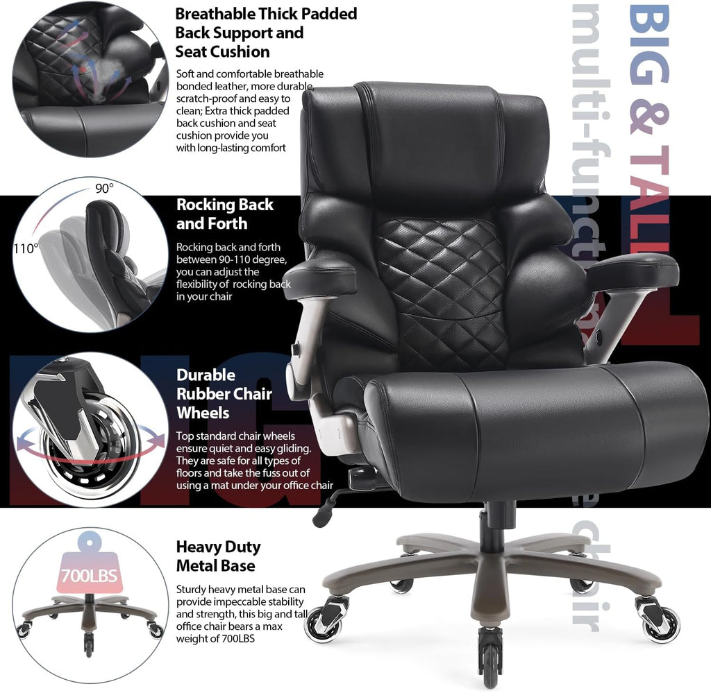 700lbs Big and Tall Office Chair - Adjustable Lumbar Support Heavy Duty Metal Base Quiet Rubber Wheels High Back Large Executive Computer Desk Swivel Chair, Ergonomic Design for Back Pain, Black