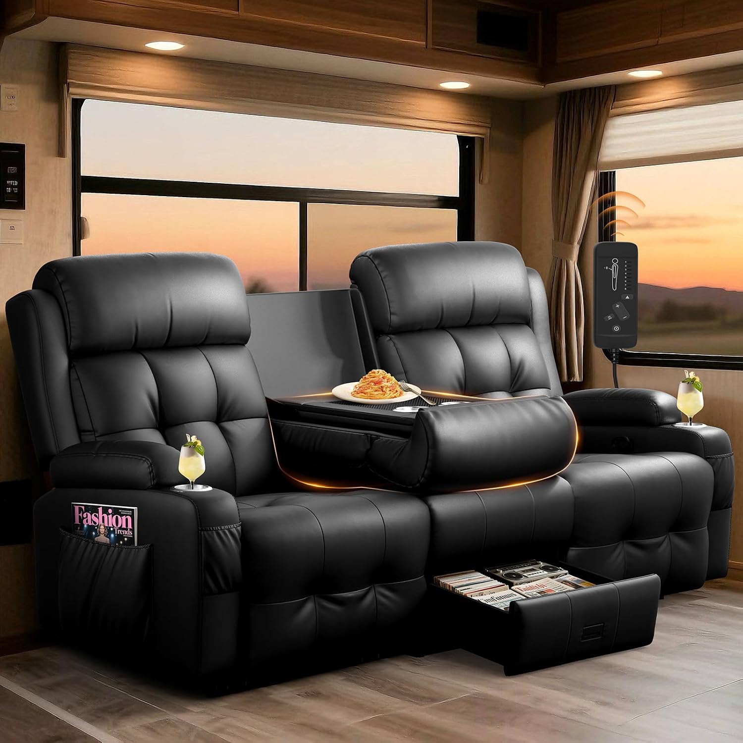 RV Loveseat Recliner Sofa, Oversized Massage Wall Hugger 3-Seater Recliners Couch with Flip Middle Backrest, Drawers & Cup Holder, Reclining Sleeper, 150° Adjustable Recline for RV & Living Room