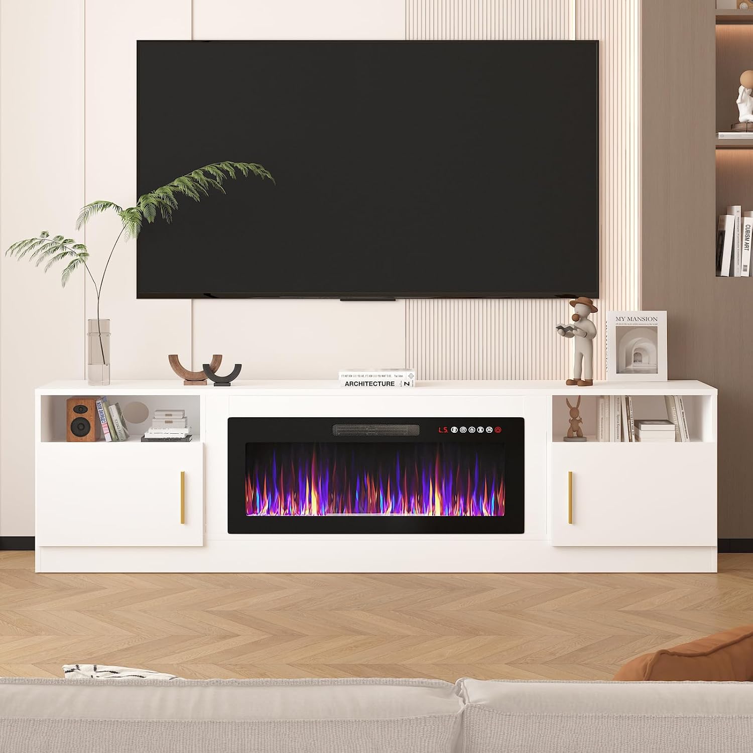 Lemberi Fireplace tv Stand with 36 inch Fireplace Up to 90' TVs, LED Light Entertainment Center and Storage, 80' Modern Wood Media TV Console with Highlight Cabinet for Living Room (White)
