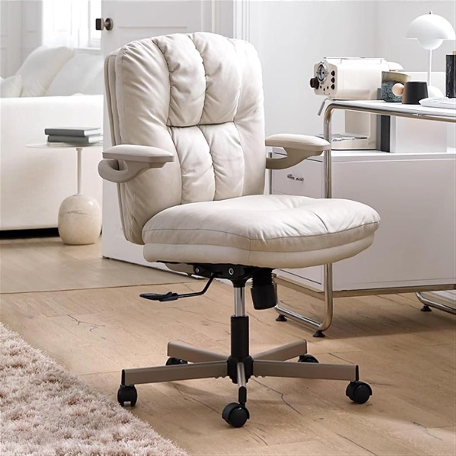 Computer Gaming Chair White Fabric Art Executive Office Chair Ergonomic Home Desk Chair with Padded Flip-up Arms Swivel Rolling Chair for Adult Working Study