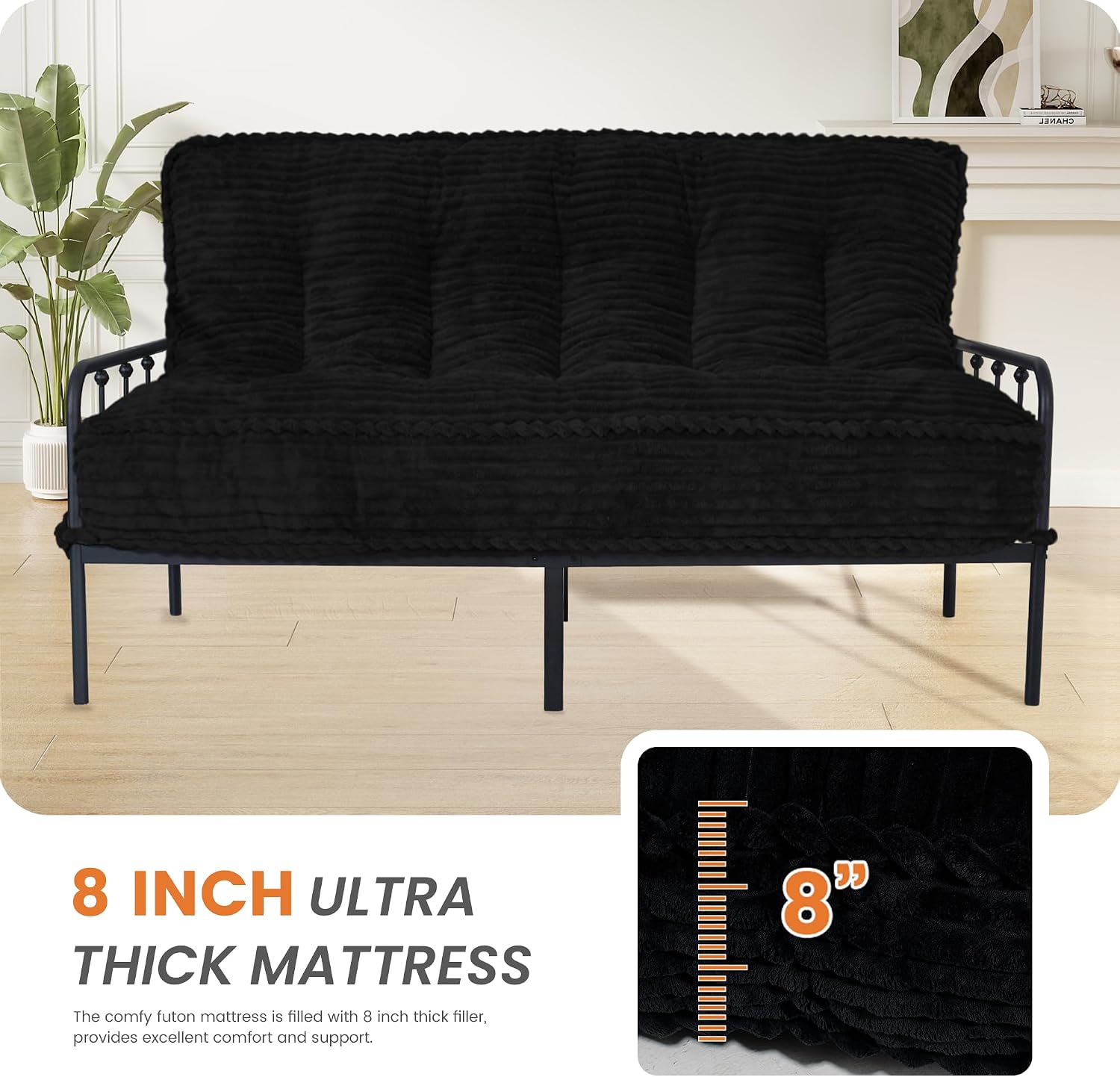 8' Futon Mattress Full Size 54' x 80', Futon Sofa Couch Bed with Twisted Rope Design Edging, Extra Thick Corded Floor Futon Mattress Sleeping Mat for Adults, Camping, Dorm, Black(Frame Not Included)