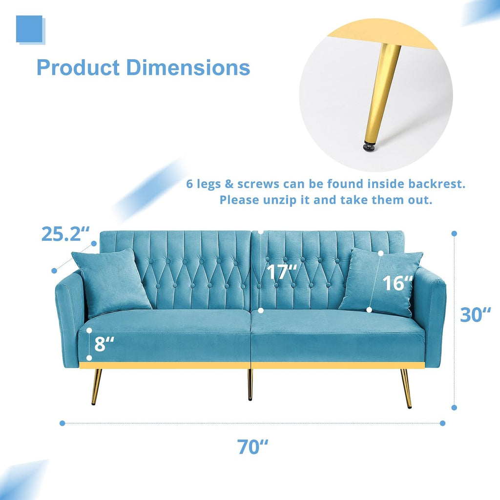 2 Pieces Velvet Sofa Set with Adjustable Armrest and Backrest, 70' Convertible Futon Sofa Bed & Mordern Accent Chair with Ottoman for Living Room, Bedroom, Baby Blue