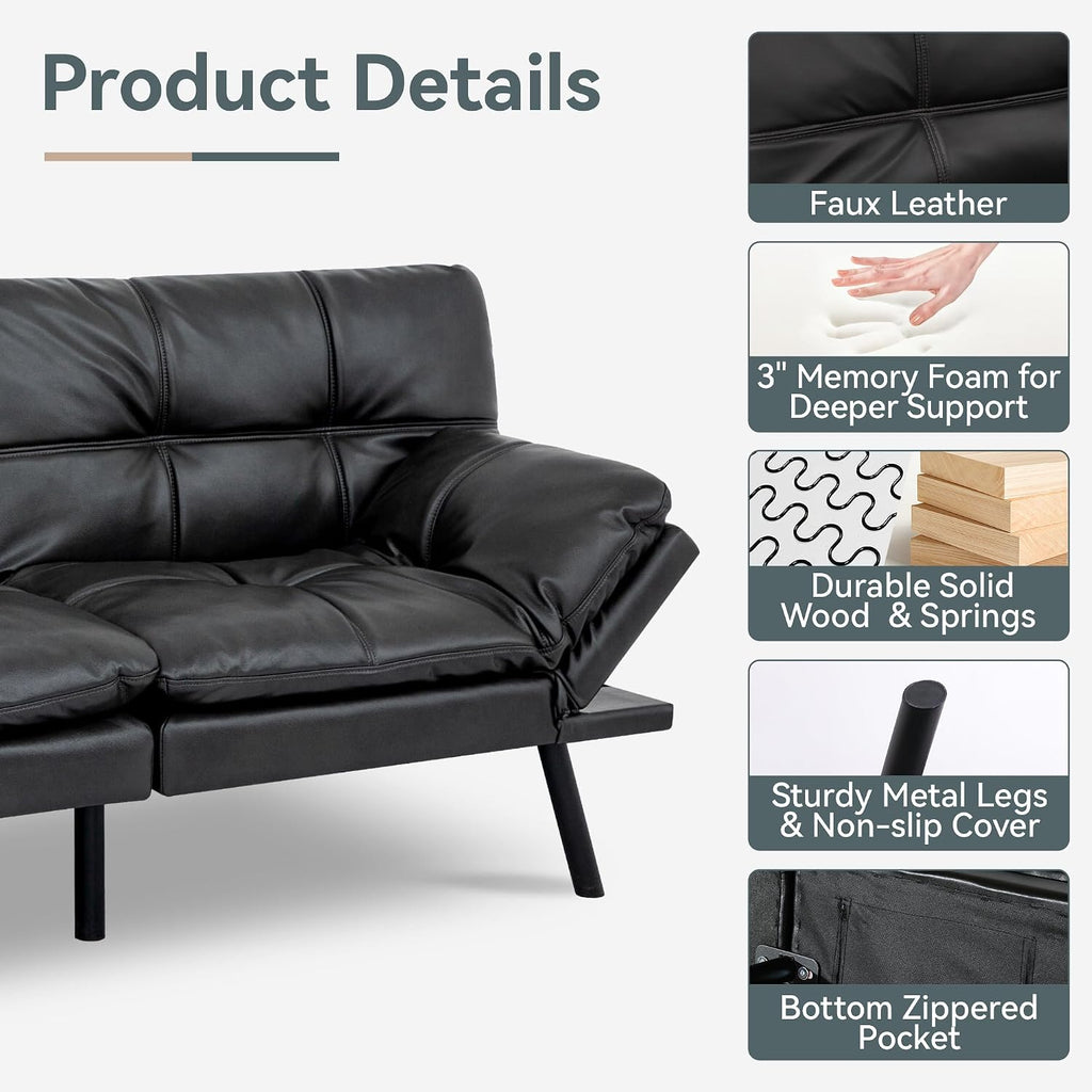 Futon Sofa Bed Convertible Couch, Black Faux Leather Sofa Bed with Memory Foam, Adjustable Backrest & Armrests, Multifunctional Small Loveseat Sleeper Sofa for Living Room, Apartment, Office