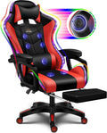 RGB Gaming Chair with Massage and Footrest, Ergonomic Pro Computer Chair with LED Lights and Speakers, High Back Music Video Chair with Lumbar Support and Headrest, for Adult Teens. (Black + Red)