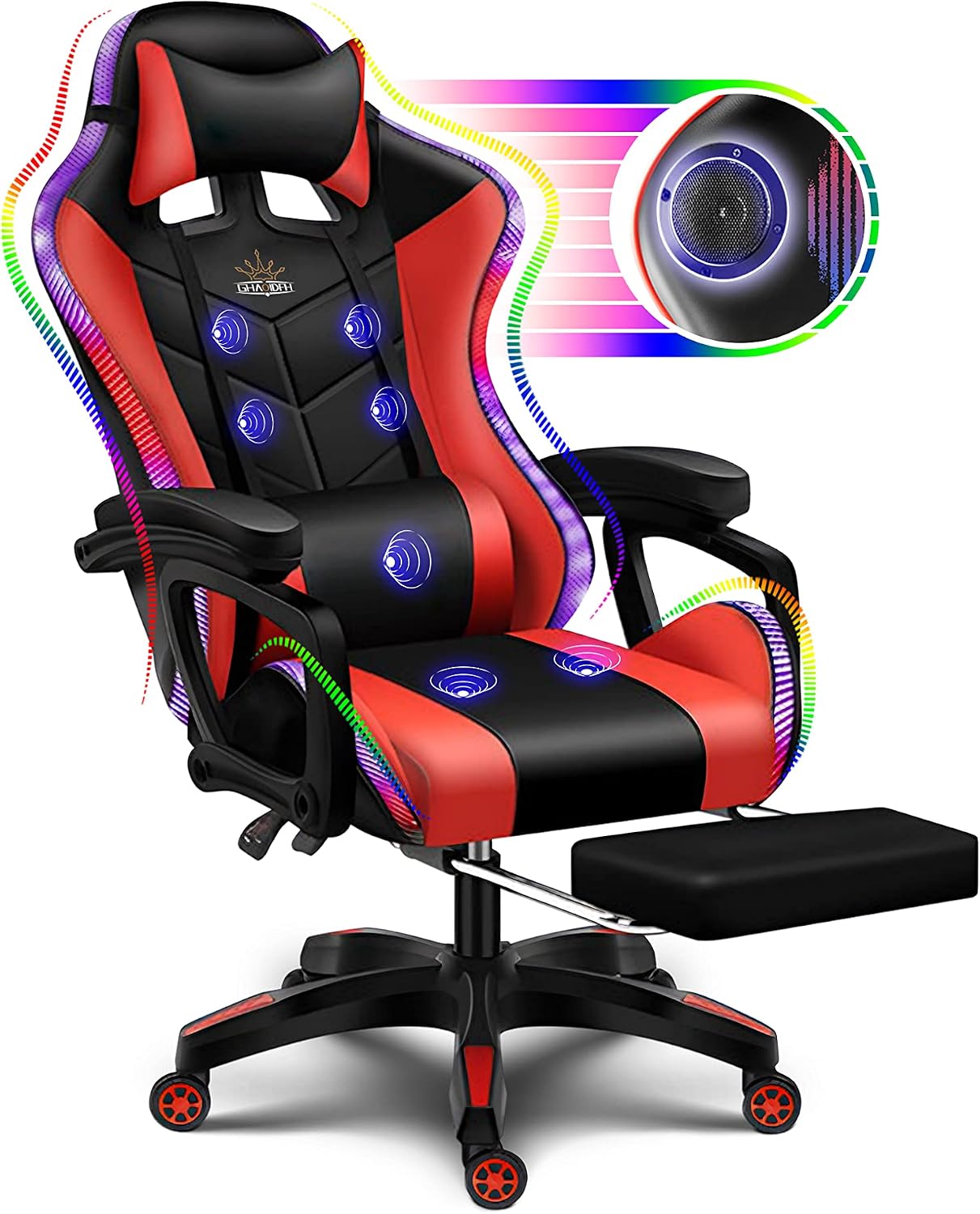 RGB Gaming Chair with Massage and Footrest, Ergonomic Pro Computer Chair with LED Lights and Speakers, High Back Music Video Chair with Lumbar Support and Headrest, for Adult Teens. (Black + Red)