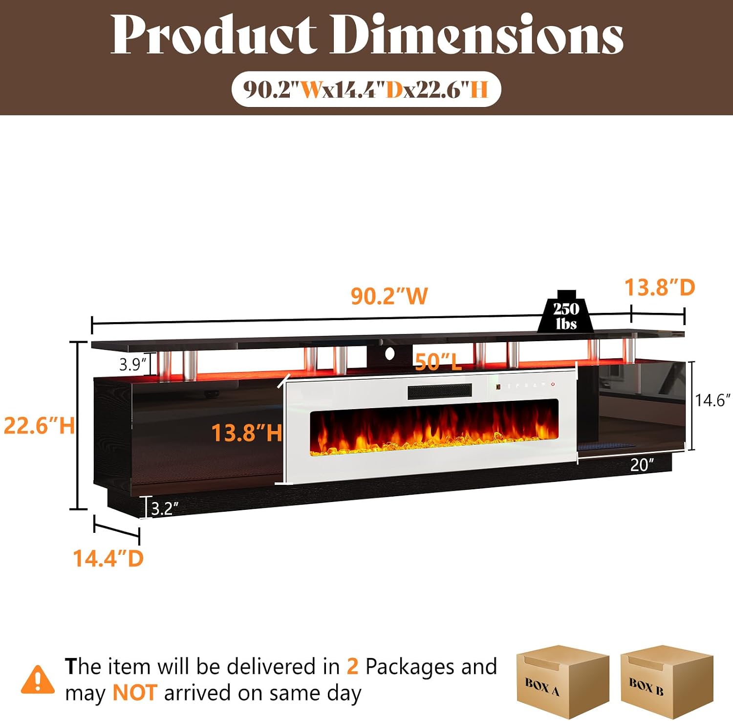 AMERLIFE 90' 2 Tier Fireplace TV Stand with 50' Fireplace, Modern Large Entertainment Center LED Lights, Media Console Table Storage Cabinet for TVs Up to 100', Living Room, Black & White