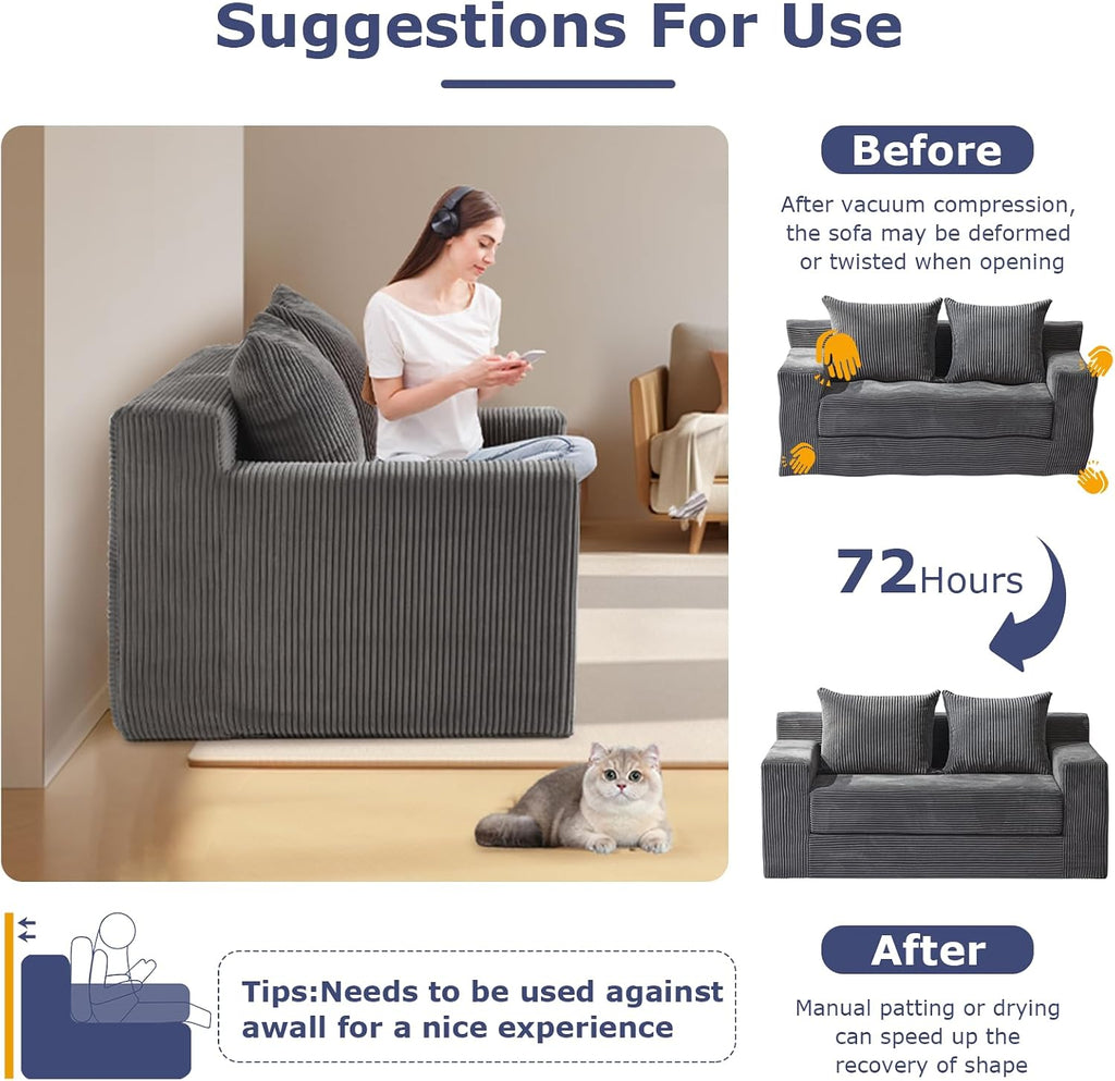 Convertible Sofa Bed, Boneless Couch Loveseat Sleeper, 2 in 1 Folding Couch Bed, Fold Out Comfy Floor Futon Sofa with Pillows for Living Room Bedroom, Grey