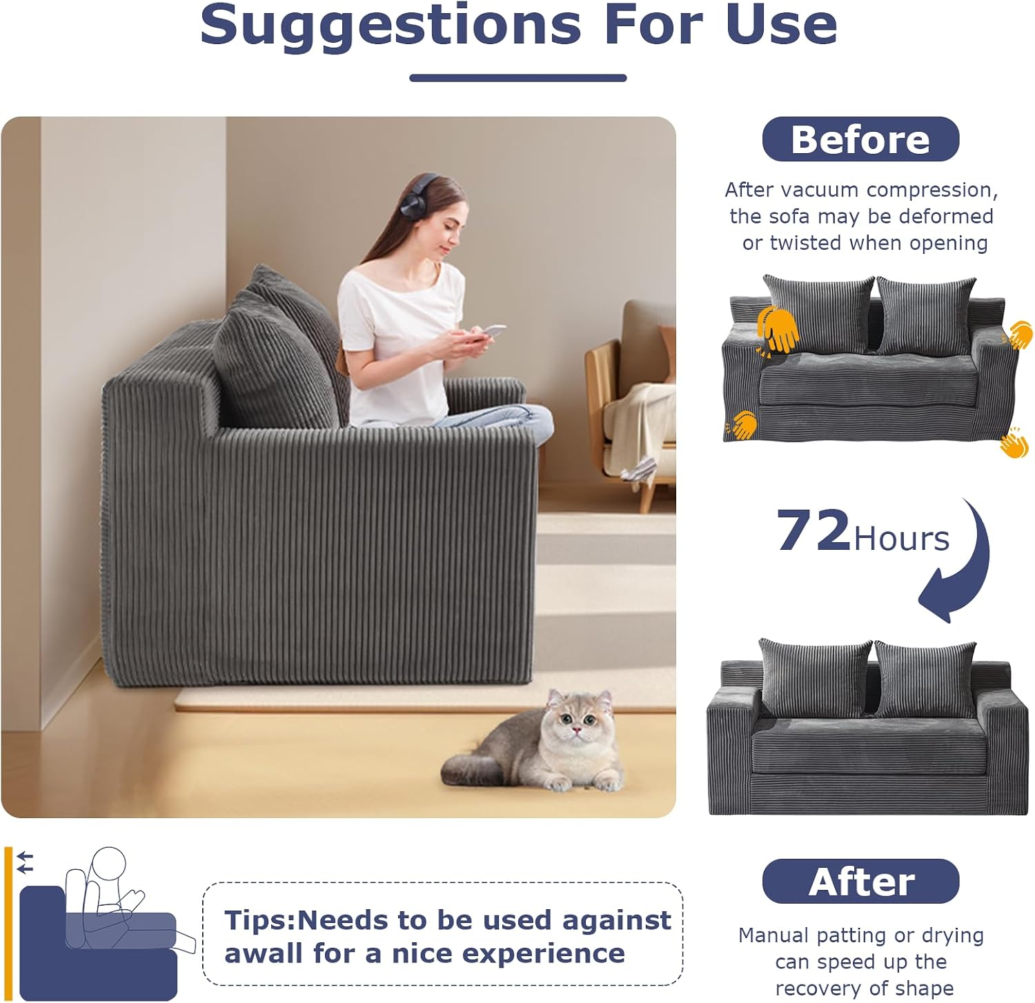 Convertible Sofa Bed, Boneless Couch Loveseat Sleeper, 2 in 1 Folding Couch Bed, Fold Out Comfy Floor Futon Sofa with Pillows for Living Room Bedroom, Grey