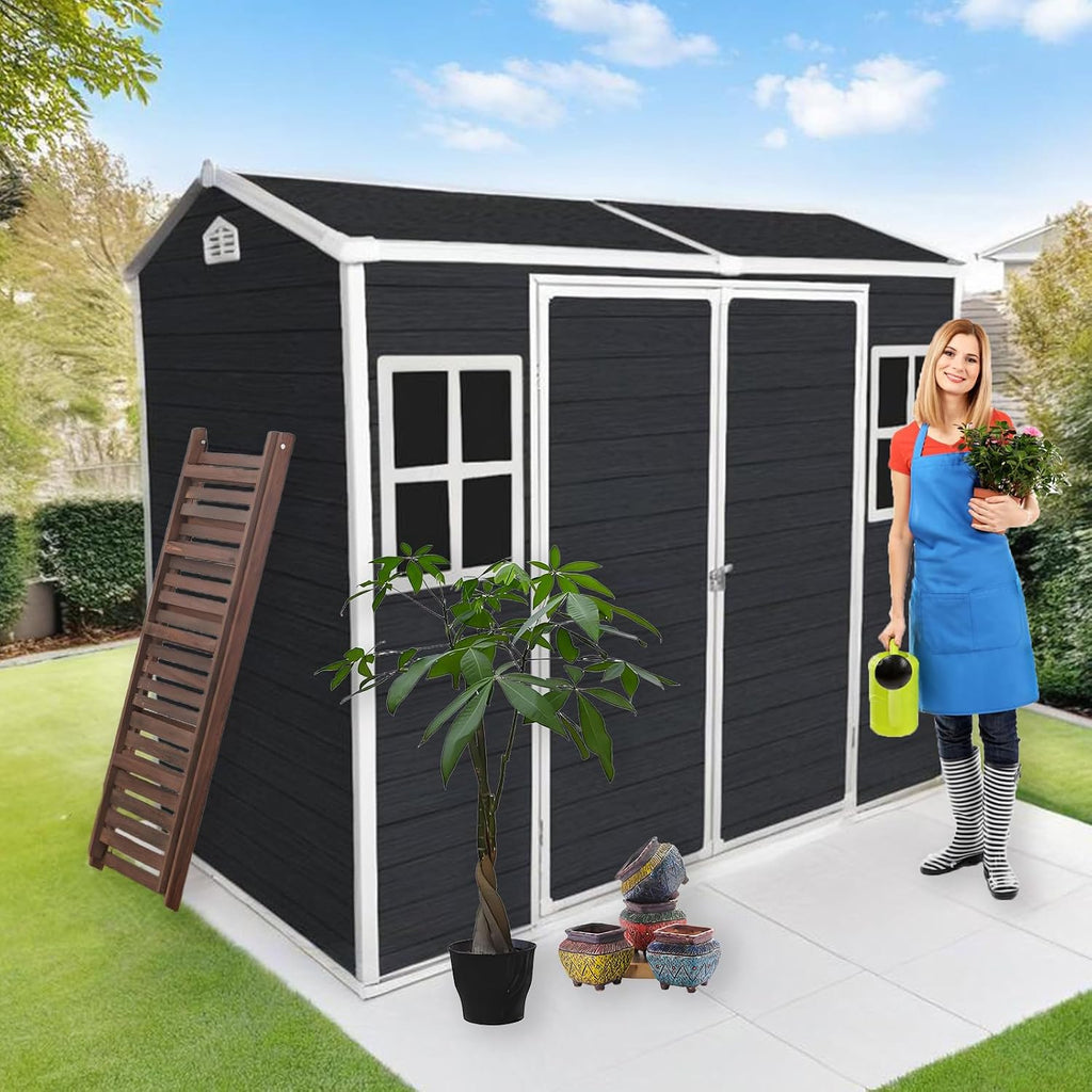 KUIKUI Outdoor Shed with Floor Included, Plastic Storage Sheds with Floor, 4x8 shed with 2 Windows and Lockable Door for Garden Tools, Carbon Black