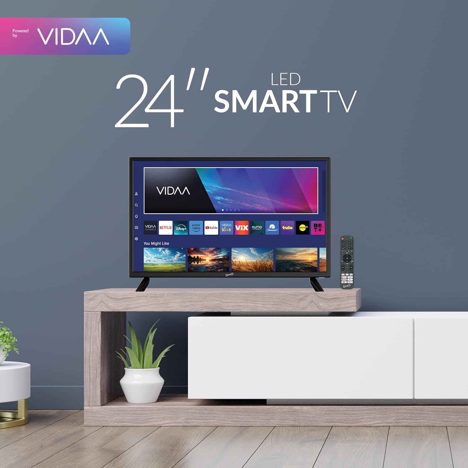 Supersonic SC-2420VTV 24-inch Smart AC/DC LED TV, Powered by VIDAA, 1080p, WiFi, Built-in Speakers, USB, 3X HDMI ARC, for Kitchen, RV, Boat, Truck, Playroom, Dorm Room, Remote, DC Car Cord Included