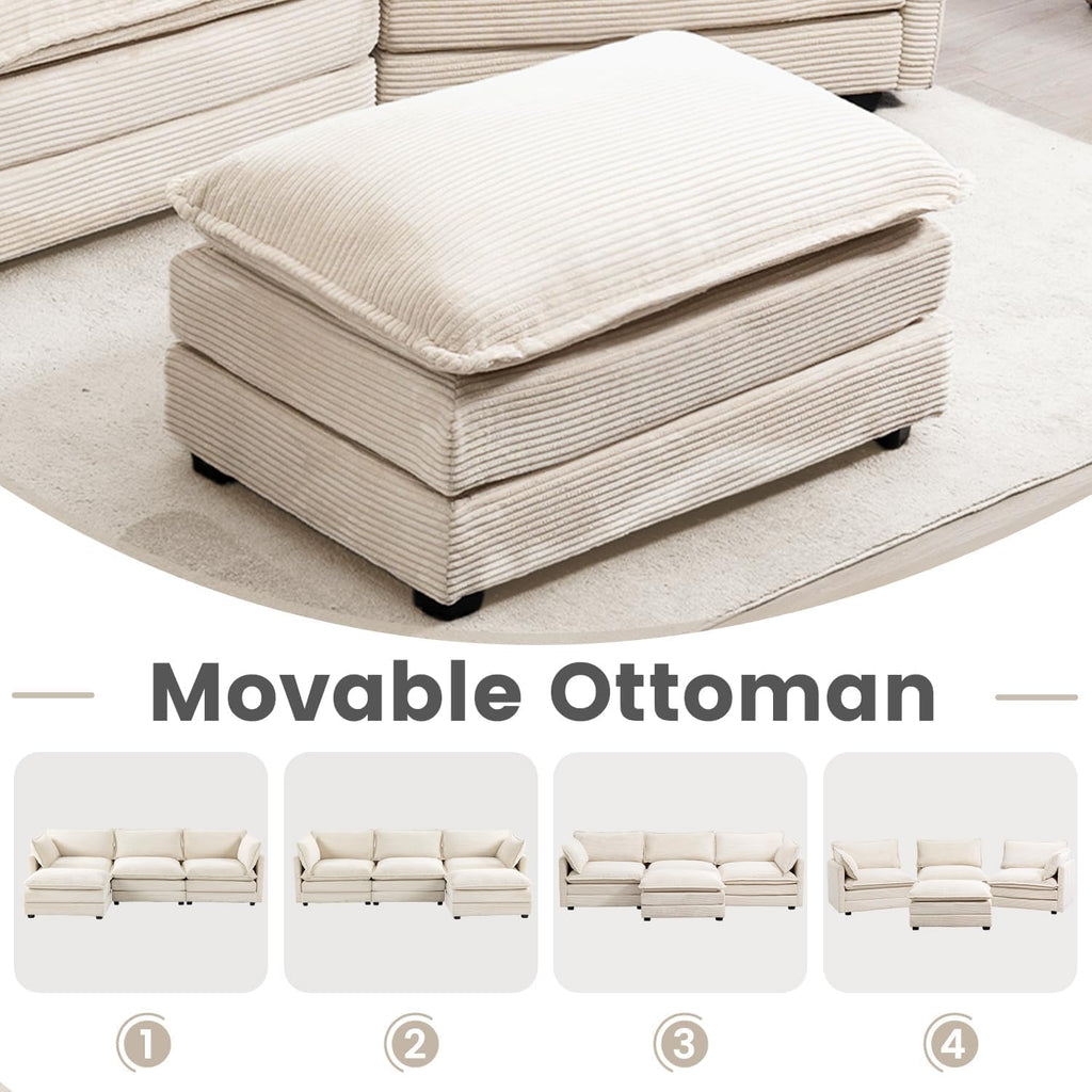 78'' Modular Sectional Cloud Couch with 2 Movable Ottoman, 4 Seat Comfy Modern Corduroy Sofa with 2 Throw Pillows, Deep Seat Sleeper Couch for Living Room Bedroom Apartment, Beige