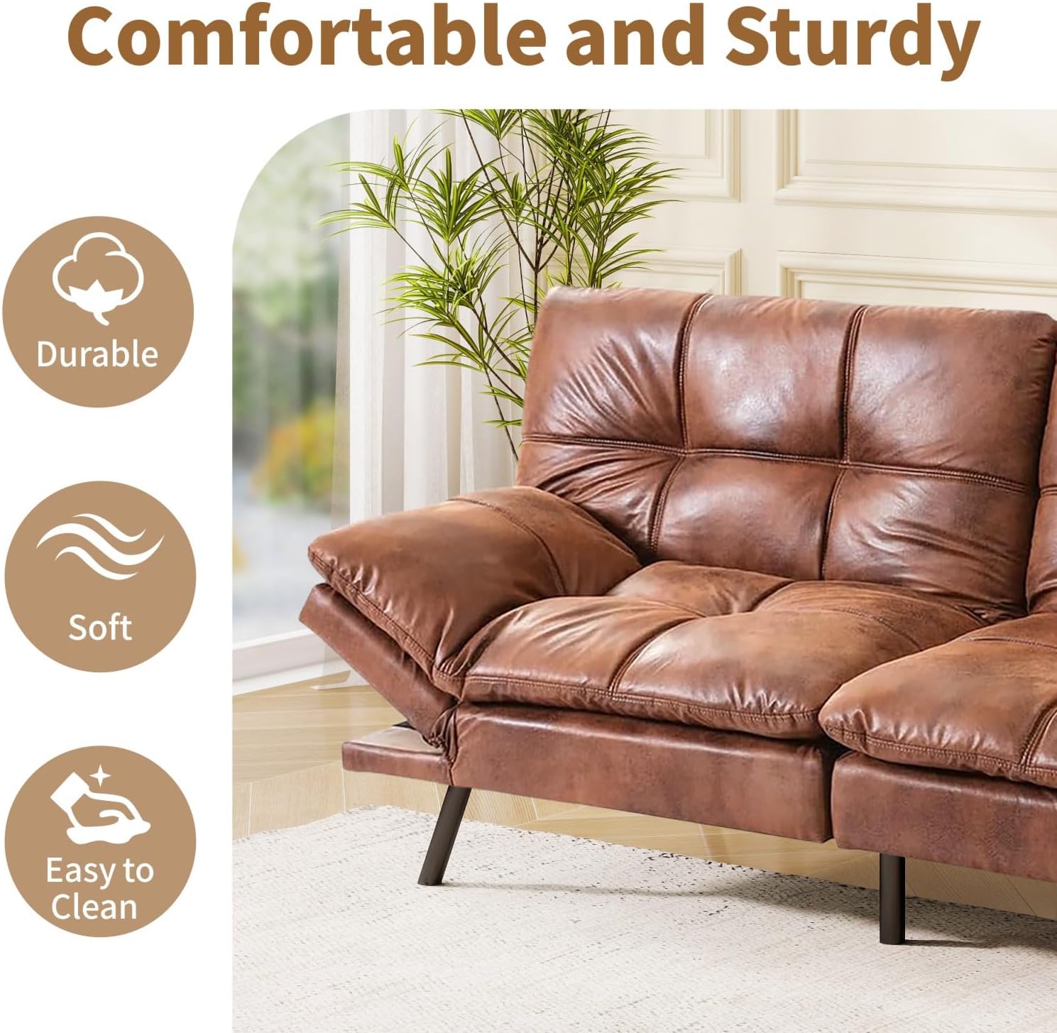 MUUEGM Futon Sofa Bed, 71' Folding Recliner Lounge with Adjustable Backrest & Armrests, Comfy Loveseat Sleeper Couch for Compact Spaces, Faux Leather, Brown