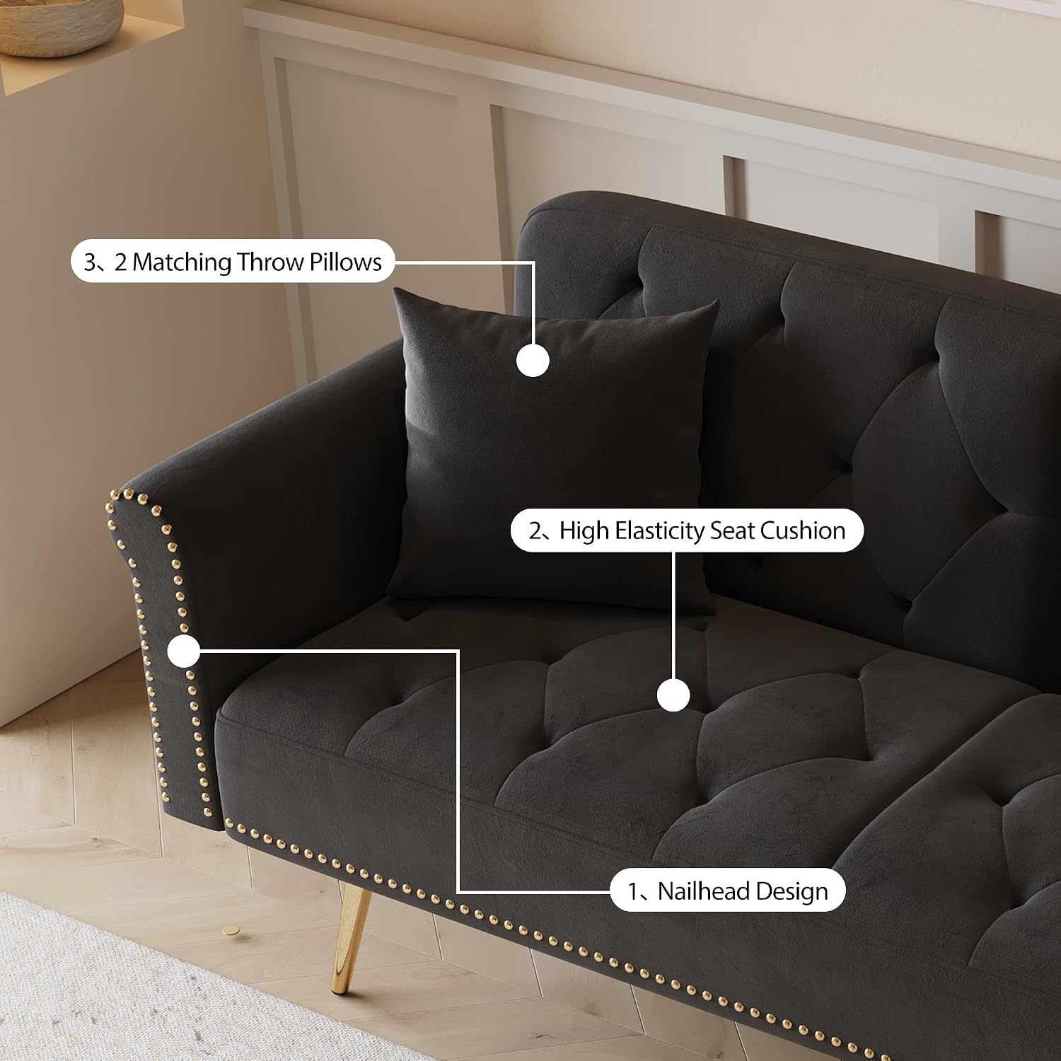 KEIKI 70' Folding Futon Sofa Couch w/Adjustable Backrest, Mid Century Modern Loveseat Convertible to Sleeper Bed, Small Comfy Velvet Cloud Couch SofaBed for Living Room & Bedroom, 2 Pillows, Black