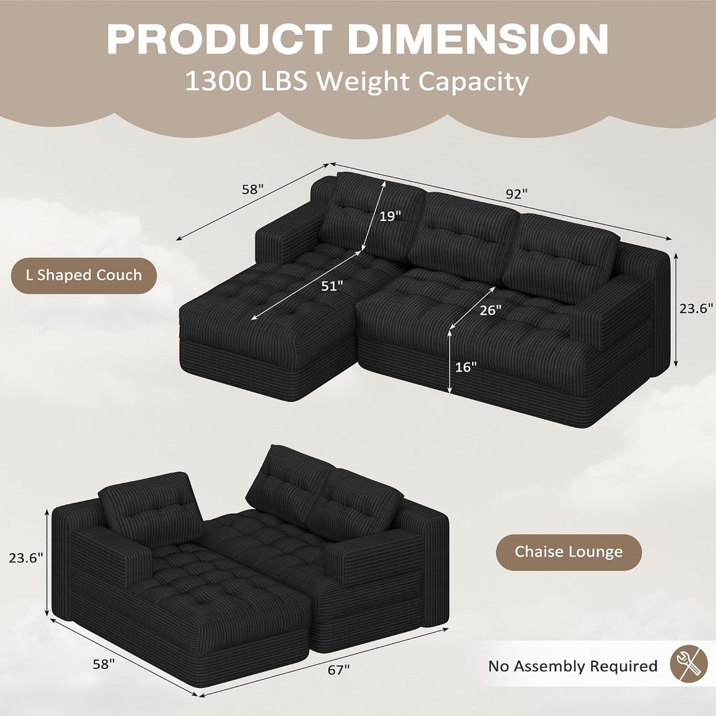 Boneless Couch, 2026 New Boneless Sectional Couch with Deep Seat & Chaise for Small Spaces, Upholstered Cloud Couch Sectional Boneless Couches for Living Room, No Assembly, Left Facing Chaise, Black