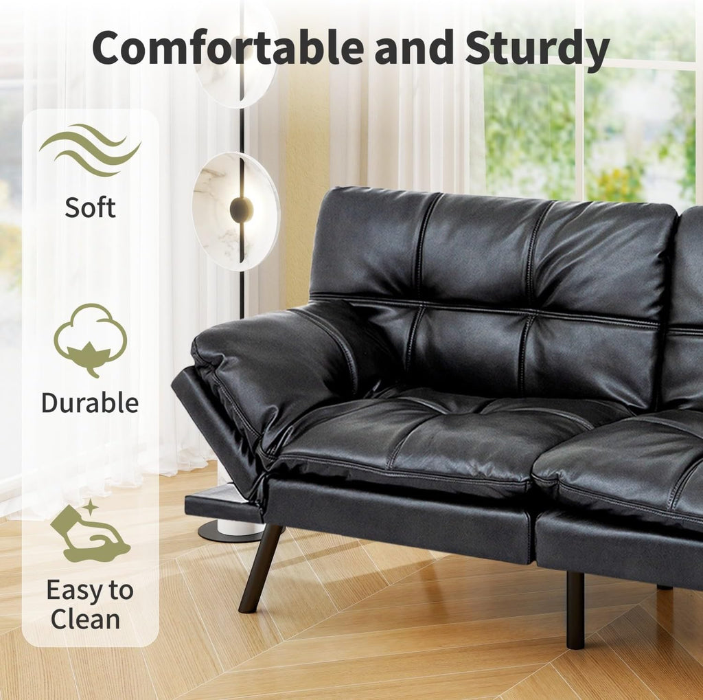Vipbear 71' Futon Sofa Bed - Convertible Sofa Beds/Adjustable Backrest & Armrest, Comfy Loveseat Sleeper for Small Spaces, Apartments & Offices,Faux Leather Black Futons