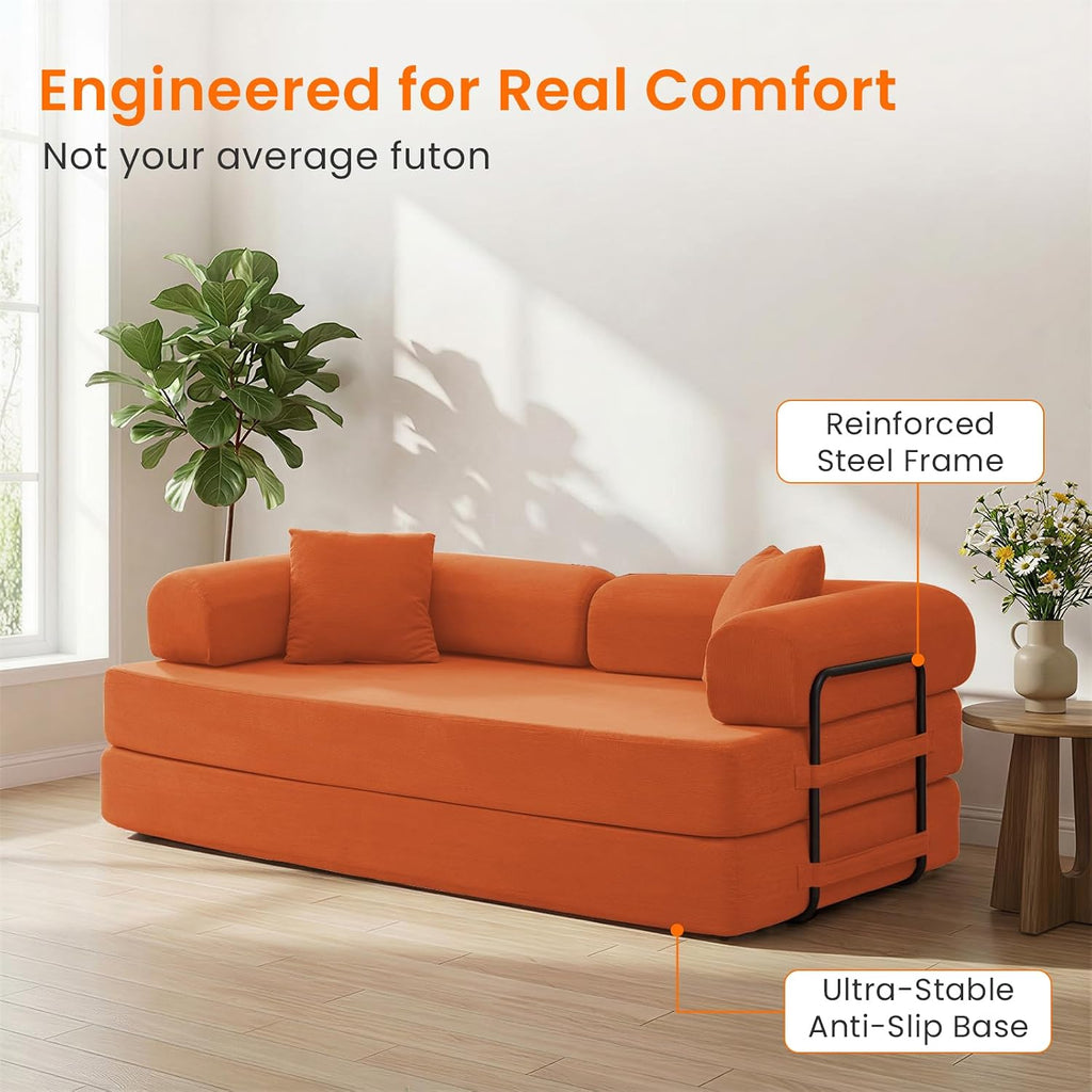 ijuicy 4-in-1 King Convertible Floor Sofa Bed w/ 2 Pillow,Modular Sleeper Sofa/Folding Futon Couch Bed w/Cylindrical Backrest and Fixed Frame,Lounge Couch,Corduroy Compression Sofas for Home-Orange